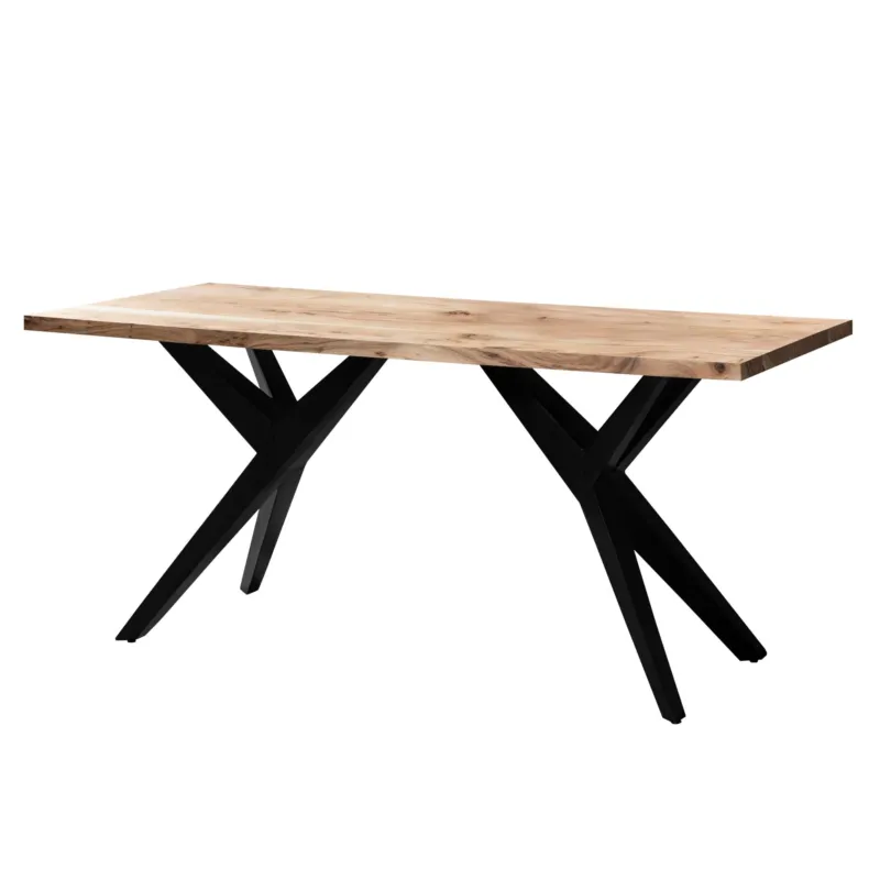 Schreibtisch 160x80 Akazie Massivholz mit schwarzen X-förmigen Metallbeinen in Gesamtansicht.