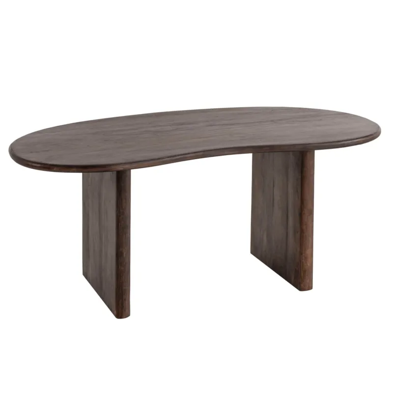 Esszimmertisch 180x90 Akazie in Dunkelbraun mit Nierenform und massiven Holzstützen in Gesamtansicht.