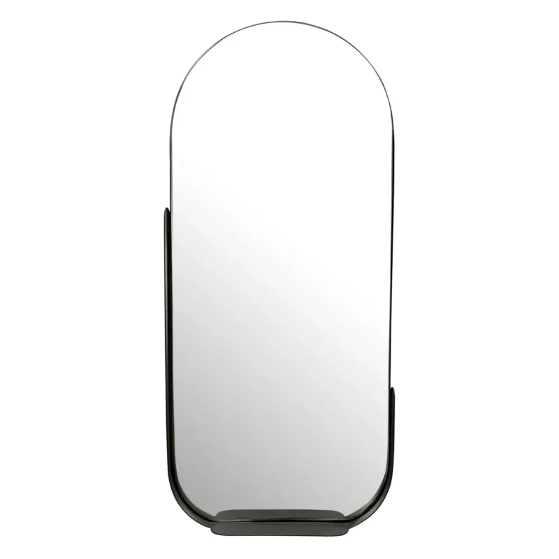 Wandspiegel 51x114cm Oval Metall Schwarz mit Ablage in Gesamtansicht mit schwarzem Metallrahmen und Ablagefläche.