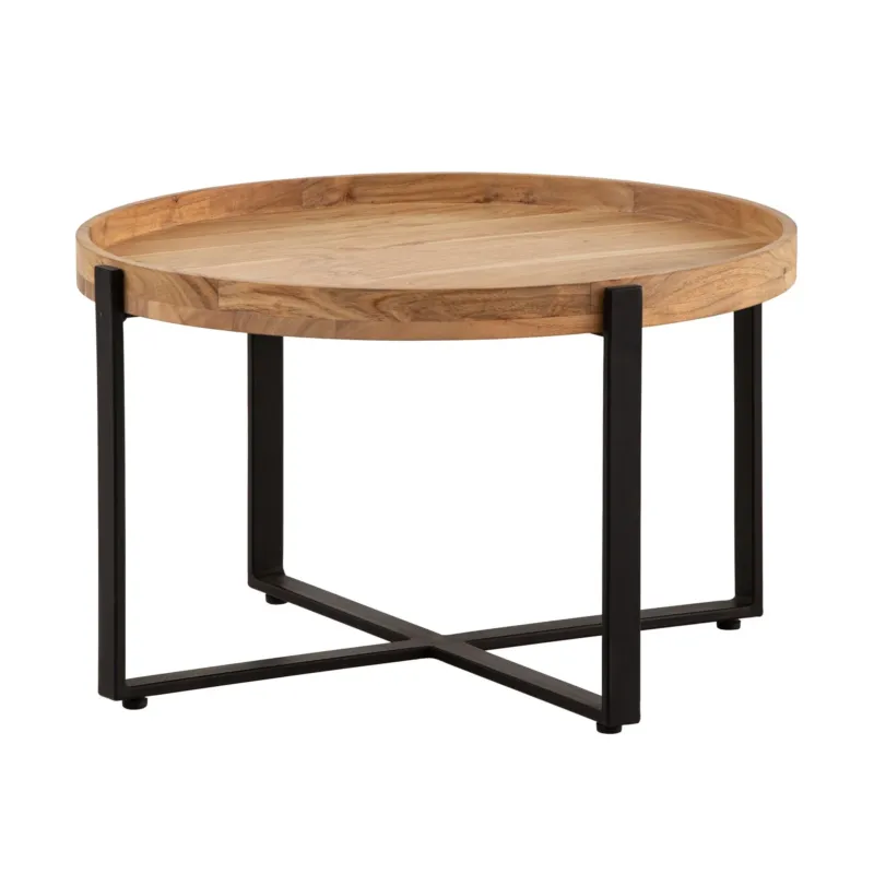 Couchtisch Akazie mit runder Holzplatte und schwarzem Metall-Gestell in Industrial-Optik, Gesamtansicht.