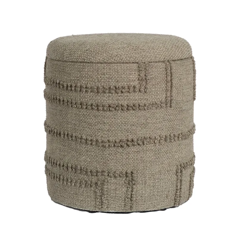 Sitzhocker rund Wolle Braun mit strukturiertem Wollbezug und horizontalen Zierstreifen in Gesamtansicht.