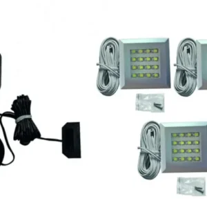LED Beleuchtung Farbton neutralweiß, 54x54 mm 3er-Set mit Netzteil und Anschlusskabeln, Gesamtansicht aller Komponenten.