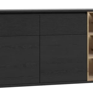 Sideboard BREATHTAKER mit zwei Schiebetüren in Schwarz und offenem Regalfach in Holz, Gesamtansicht von vorne.