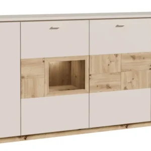 Sideboard Kommode LOUOTO 4 Türen Dekor Sand / Artisan Eiche in Gesamtansicht mit beigen Türen und mittlerer Nische.