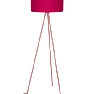Stehlampe Susie Rot mit dreibeinigem Metallgestell und zylindrischem Stoffschirm in Gesamtansicht.