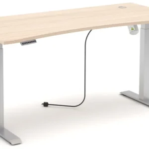 Höhenverstellbarer Schreibtisch SANTORIN Riva Eiche mit heller Holzplatte und silbernem Metallgestell, Vorderansicht.