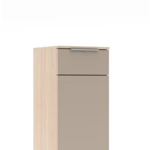 Kompakter Büroschrank SANTORIN Riva Eiche & Glas Cashmere 110 cm in Gesamtansicht mit Holzkorpus und zwei Glastüren.