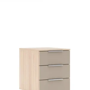 Rollcontainer SANTORIN mit Riva-Eiche-Korpus und drei Schubkästen in Glas Cashmere, Gesamtansicht.