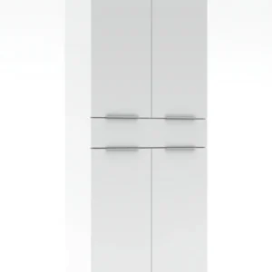 Büroschrank SANTORIN 80x198 cm Weiß & weißes Glas, Gesamtansicht mit vier Glastüren und zwei Schubladen.