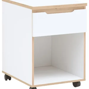 Rollcontainer MEMPHIS Weiß supermatt & Artisan Eiche mit offener Schublade und Rollen in Gesamtansicht.