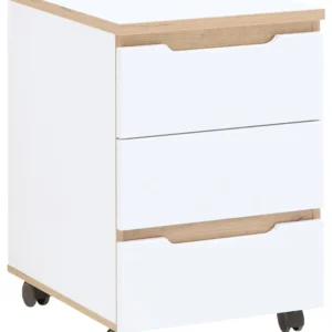 Rollcontainer MEMPHIS mit weißem Korpus, zwei weißen Schubladen mit Holzgriffen und Rollen in Gesamtansicht von schräg vorne.