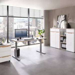 Büroset MEMPHIS VI 5-teilig Weiß mit höhenverstellbarem Schreibtisch, Rollcontainer und Highboard in Gesamtansicht.