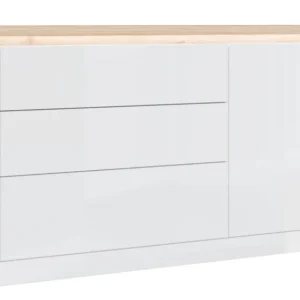 Sideboard Kommode DURAOAK in Weiß glänzend mit Wildeiche-Dekor und horizontalen Griffleisten, Gesamtansicht.