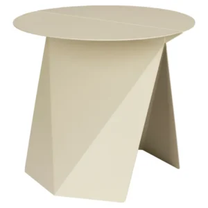 Beistelltisch Foldy Zuiver in Beige mit runder Tischplatte und gefalteter Origami-Gestaltung, Gesamtansicht.