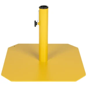 Sonnenschirmständer Sunshine Gelb mit gelbem Stahlgestell und trapezförmiger Standfläche, Gesamtansicht.