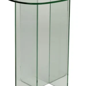 Beistelltisch Linea aus transparentem Glas mit ovaler Glasplatte und gekreuztem Glasgestell, Gesamtansicht.