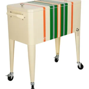 Kühlbox Cooler Be Cool Stripes Lemon in Creme mit mehrfarbigen Streifen, Rollen und Tragegriffen in Gesamtansicht.