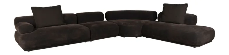 Ecksofa Rembrandt 7,5-Sitzer Links in Dark Brown, Gesamtansicht von vorne mit geschwungenen Armlehnen und Rückenkissen.