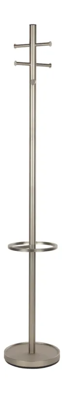 Garderobenständer Wednesday aus gebürstetem Chrom in Silber, Gesamtansicht mit Hutablage und Hakenleisten.
