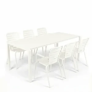 Gartenmöbel-Set Vondel mit rechteckigem Aluminium-Tisch und sechs weißen Armlehnstühlen in Gesamtansicht.