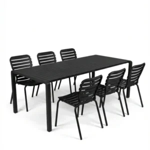 Gartenmöbel-Set Vondel mit rechteckigem Aluminiumtisch und sechs stapelbaren Stühlen in Schwarz, Gesamtansicht.