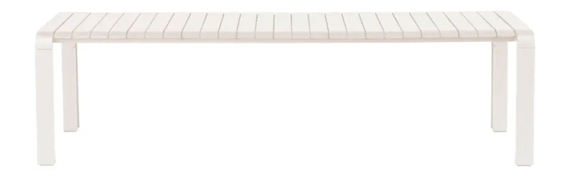 Gartenbank Vondel 175 cm aus Aluminium in Weiß, Gesamtansicht von vorne mit Lamellenrückenlehne.