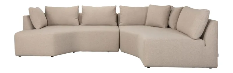 Sofa Prosper Right Cappuccino in Beige mit L-Form, Chaise-Lounge rechts und zahlreichen Zierkissen in Gesamtansicht.