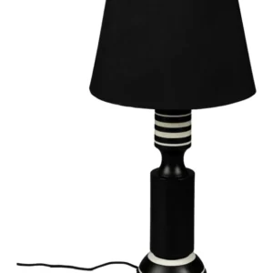 Tischlampe Virgil Dutchbone im Vintage-Look mit schwarzem kegelförmigem Leinenschirm und gestreiftem Fuß in Gesamtansicht.