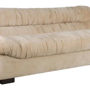 Sofa Douglas Beige 3-Sitzer in Gesamtansicht mit gerafftem Bezug und Gummibaum-Holzfüßen.