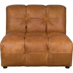 Sofa-Element Hackman No Arm Cognac in Braun mit gesteppter Polsterung, Vorderansicht.