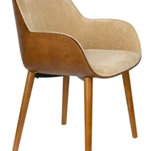 Sessel Taylor Beige mit geschwungenem Rückenlehnen-Design und Eschenholz-Gestell in Gesamtansicht.