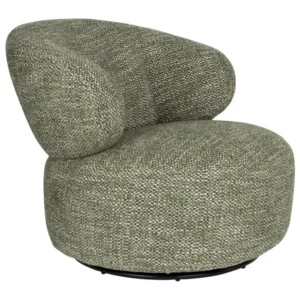 Loungesessel Walter in Grün mit gebogener Rückenlehne und rundem drehbarem Gestell, Gesamtansicht.