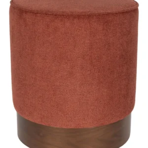 Hocker Bellevue Rot mit rundem Polstersitz und Holzgestell mit Nussbaumfurnier, Gesamtansicht.