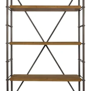 Regal Shelf Iron von Dutchbone mit fünf Fichtenholz-Ablagen und schwarzem Eisengestell mit X-Kreuzbändern, Frontansicht.
