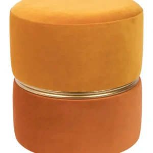Hocker Bubbly Sun in Gelb mit Samtbezug und goldenem Metallring, Gesamtansicht von vorne.