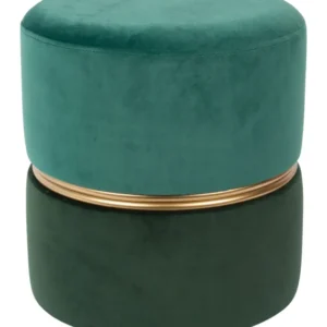 Hocker Bubbly Forest aus grünem Samt mit goldener Metallblende und dunkelgrünem unteren Stoffbereich in Gesamtansicht.