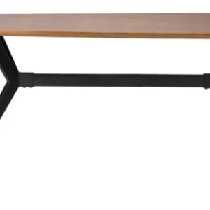 Esstisch Chase Organic mit ovaler Walnuss-Optik-Platte und schwarzem X-förmigem Eisengestell in Gesamtansicht.