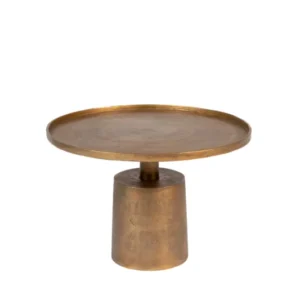 Couchtisch Mason rund mit goldener Aluminium-Tischplatte und zylindrischem Metallgestell in Gold, Gesamtansicht.