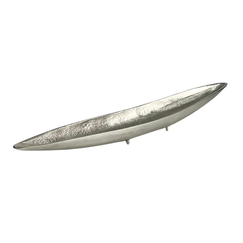 Dekoschale Silber Aluminium 60 cm in silberner Farbe mit länglicher, spitz zulaufender Form in Gesamtansicht.