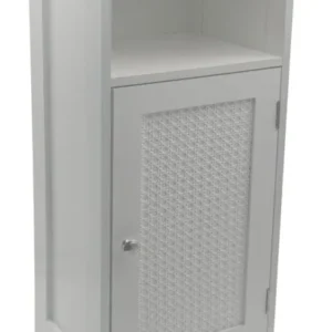Badschrank 80x30x28 cm Weiß in Gesamtansicht mit offener Nische oben und Türschrank mit Wiener Geflecht unten.