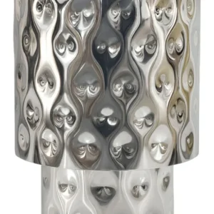 Beistelltisch Aluminium Silber Rund 36 cm mit strukturierter Oberfläche aus glänzendem Aluminium, Gesamtansicht von vorne.