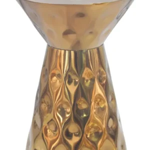Beistelltisch Aluminium Gold Rund im Sanduhr-Design mit glänzender, reliefierter Oberfläche in Goldfarbe, Gesamtansicht.