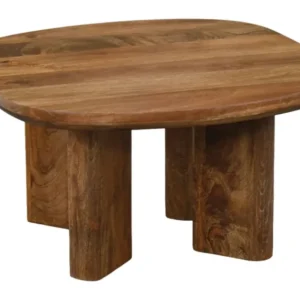 Couchtisch Mango Massivholz 60x60 cm mit abgerundeter Tischplatte und massiven Holzblöcken als Gestell in Gesamtansicht.