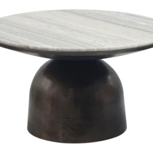 Couchtisch rund 60 cm mit heller Marmorplatte und schwarzem Aluminiumgestell in Gesamtansicht.