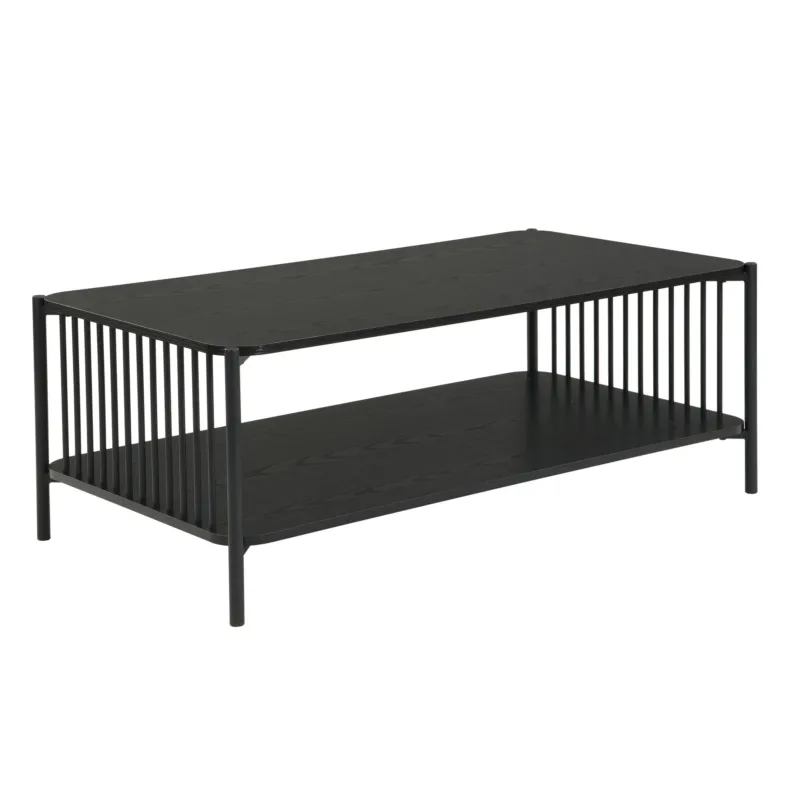 Couchtisch Eiche-Optik Schwarz im Loft-Design mit schwarzer MDF-Tischplatte, Metallgestell und offener Ablage in Gesamtansicht.