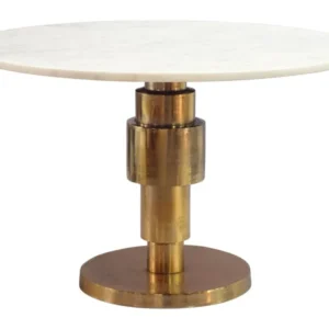 Couchtisch Gold mit weißer Marmorplatte von oben, runde weiße Marmorplatte auf goldenem Aluminiumgestell.