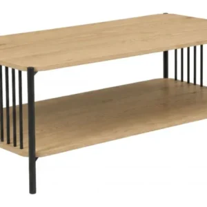 Couchtisch Eiche-Optik 110x60 cm mit Stauraum und schwarzem Metallgestell in Gesamtansicht.