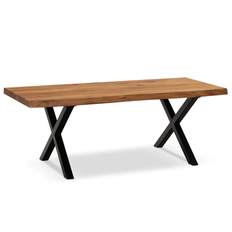 Couchtisch Akazie Massivholz 120x60 cm mit Baumkante und schwarzem X-Gestell in Gesamtansicht.