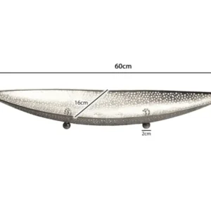 Technische Zeichnung der ovalen Obstschale Silber Oval 60 cm mit Lochmuster aus Metall, Seitenansicht mit Maßangaben.