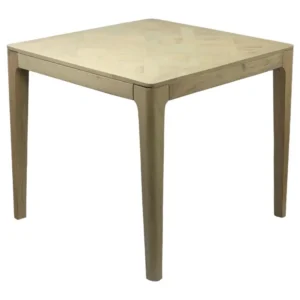 Esstisch Mango Massivholz 80x80 cm White Wash mit quadratischer Tischplatte in Fischgrätmuster in Gesamtansicht.